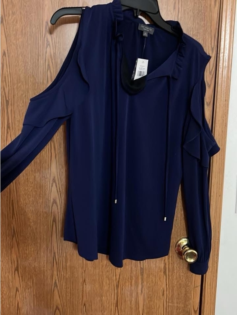 Worthington Navy Cold-Shoulder Ruffle Tie-Neck Top